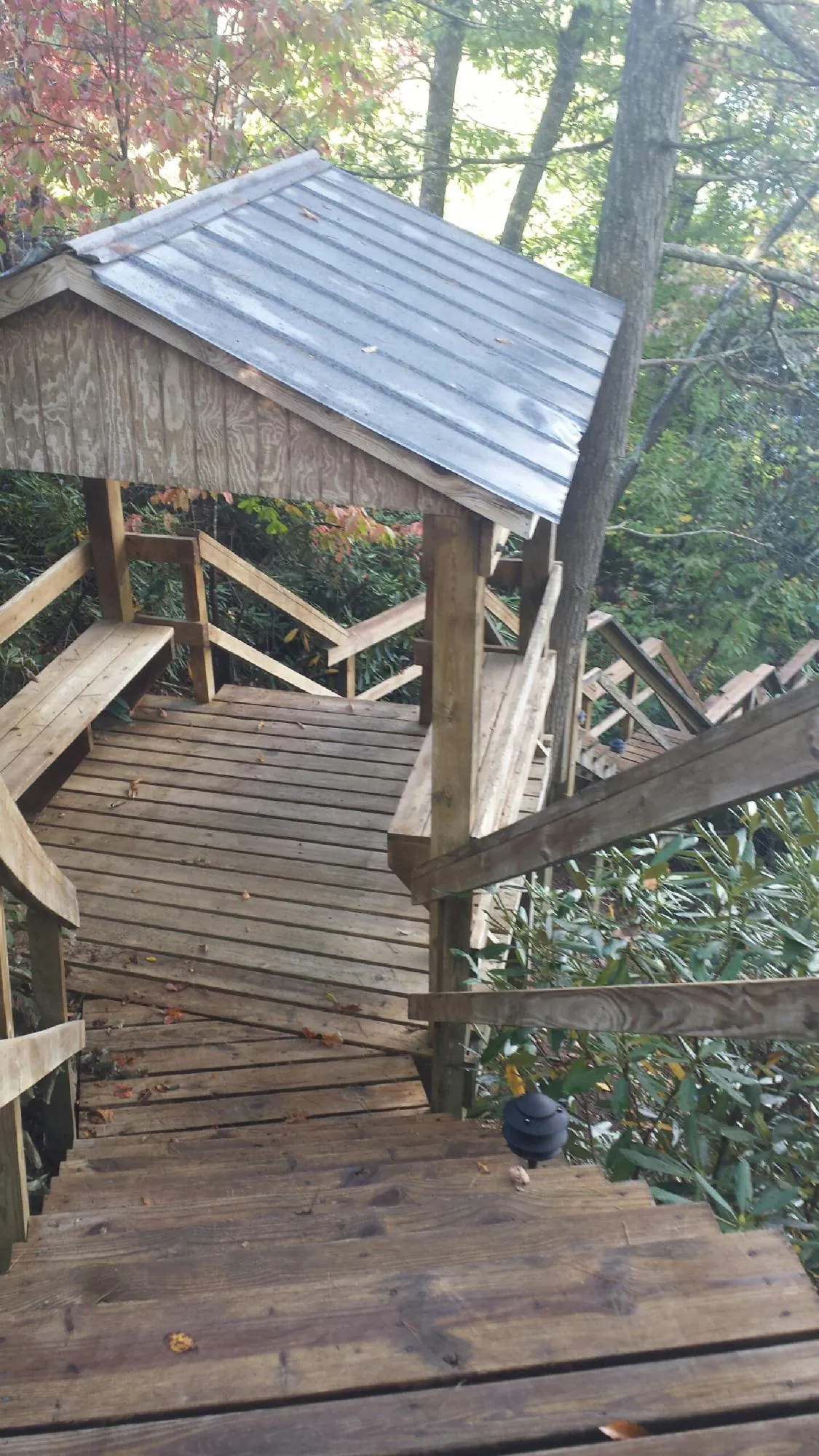 Metal roofed shelter over wooden steps on a wooded walkway — Skylight Repair & Installation work by our crew in Bean Station